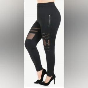Zippered mesh panel black pants